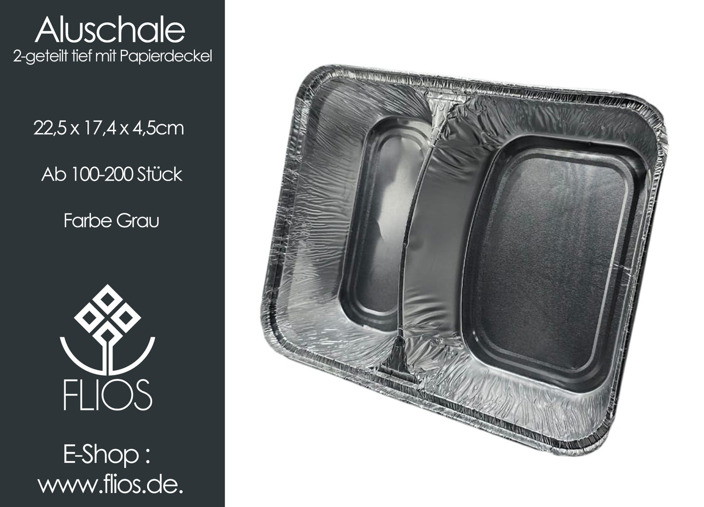 Aluschalen 2-geteilt tief mit Deckel 22,5 x 17,4 x 4,5cm 100-200 Stück