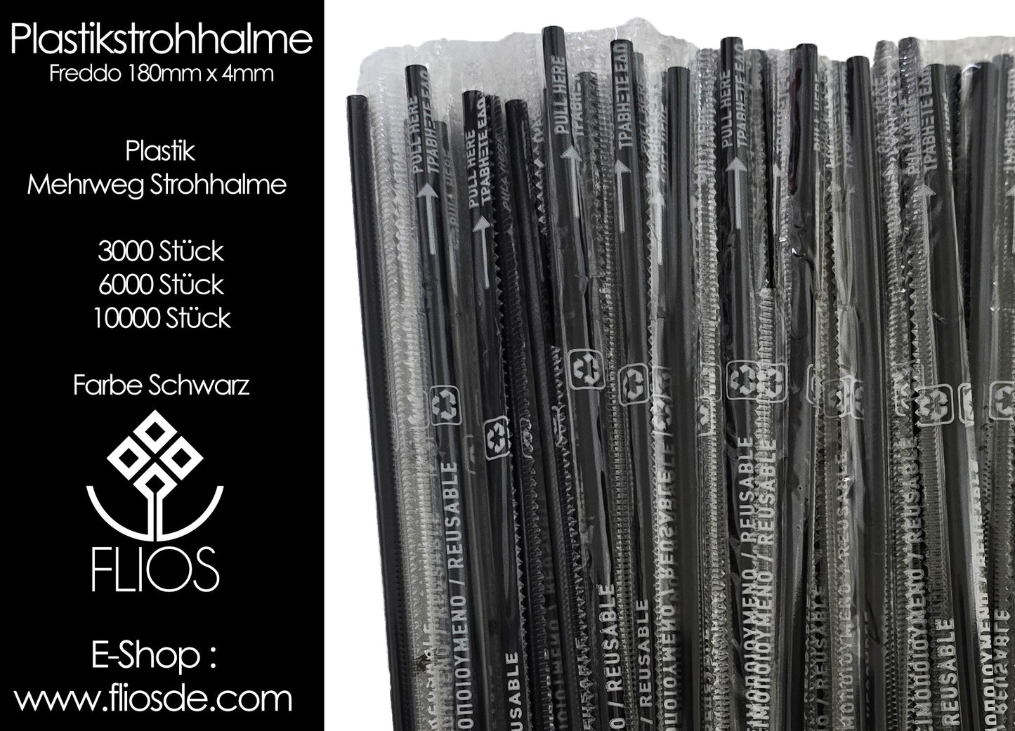 Strohhalme Plastik mit Schutzfolie Mehrweg 4mm x 180mm Fredo Schwarz 3000St, 6000St , 10000St