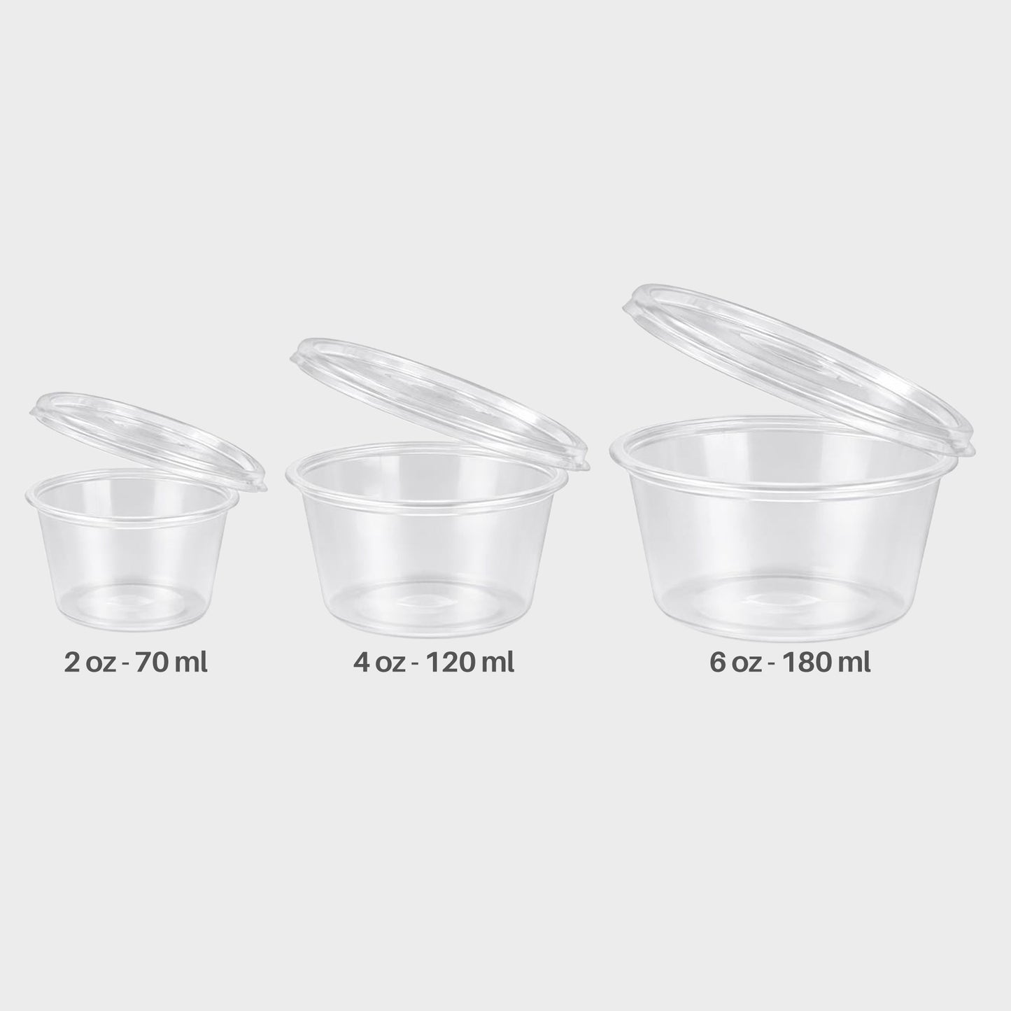 Saucenbecher 2 oz, 4 oz & 6 oz – Transparente Dipsbecher mit Deckel (100 Stück)