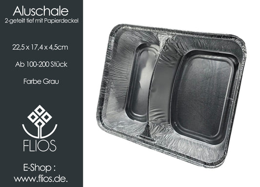 Aluschalen 2-geteilt tief mit Deckel 22,5 x 17,4 x 4,5cm  100-200 Stück