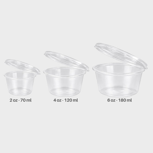 Saucenbecher 2 oz, 4 oz & 6 oz – Transparente Dipsbecher mit Deckel (100 Stück)