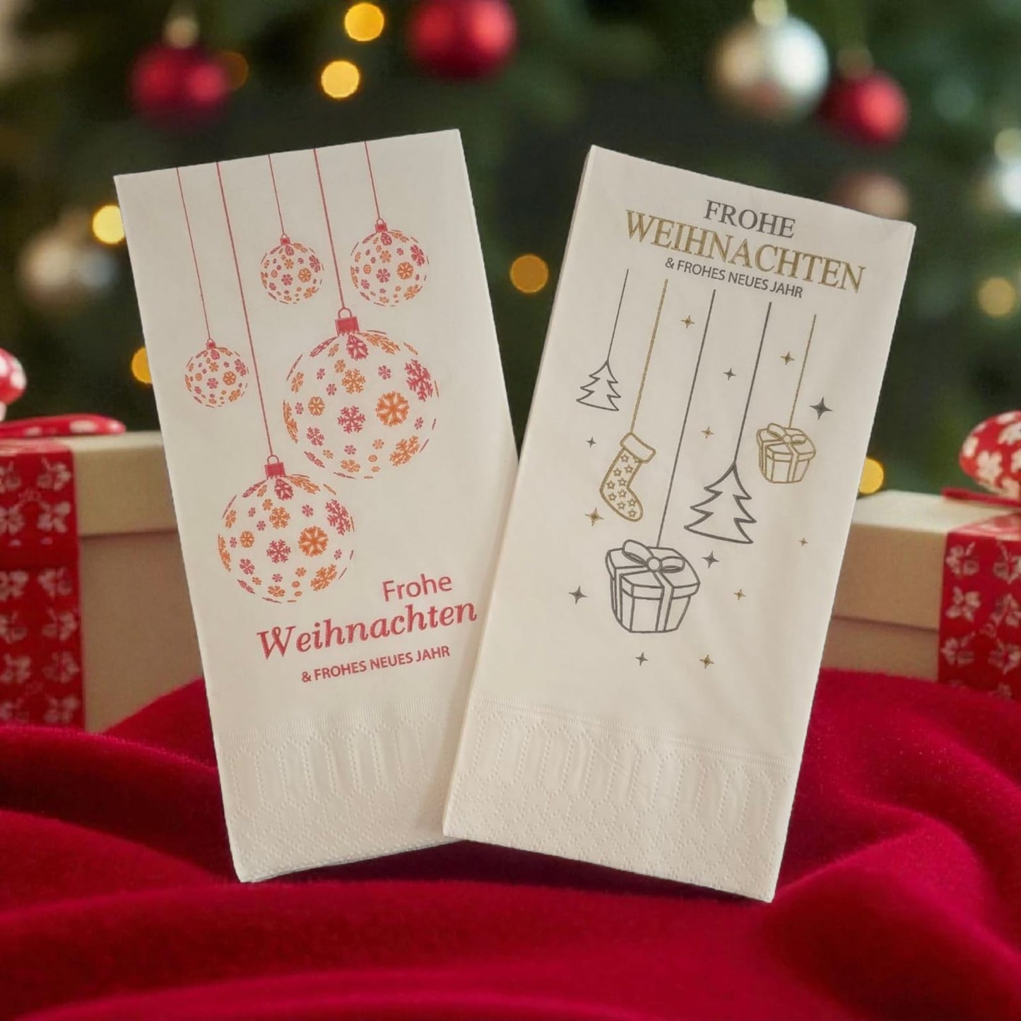 Papierservietten „Frohe Weihnachten“ – Zwei Designs – 40×40 cm – 1.500 Stk