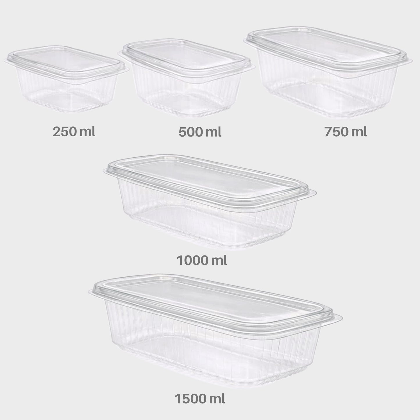 Einweg Feinkostbecher eckig klar mit Deckel 250 ml, 500 ml, 750 ml, 1000 ml & 1500 ml (100 Stück)