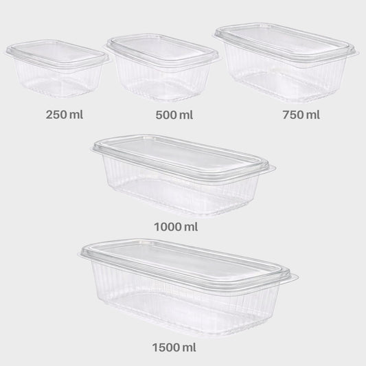 Einweg Feinkostbecher eckig klar mit Deckel 250 ml, 500 ml, 750 ml, 1000 ml & 1500 ml (100 Stück)