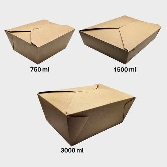 Food Box Kraftpapier 750 ml, 1500 ml & 3000 ml – Einweg Take Away Box (50 Stück)